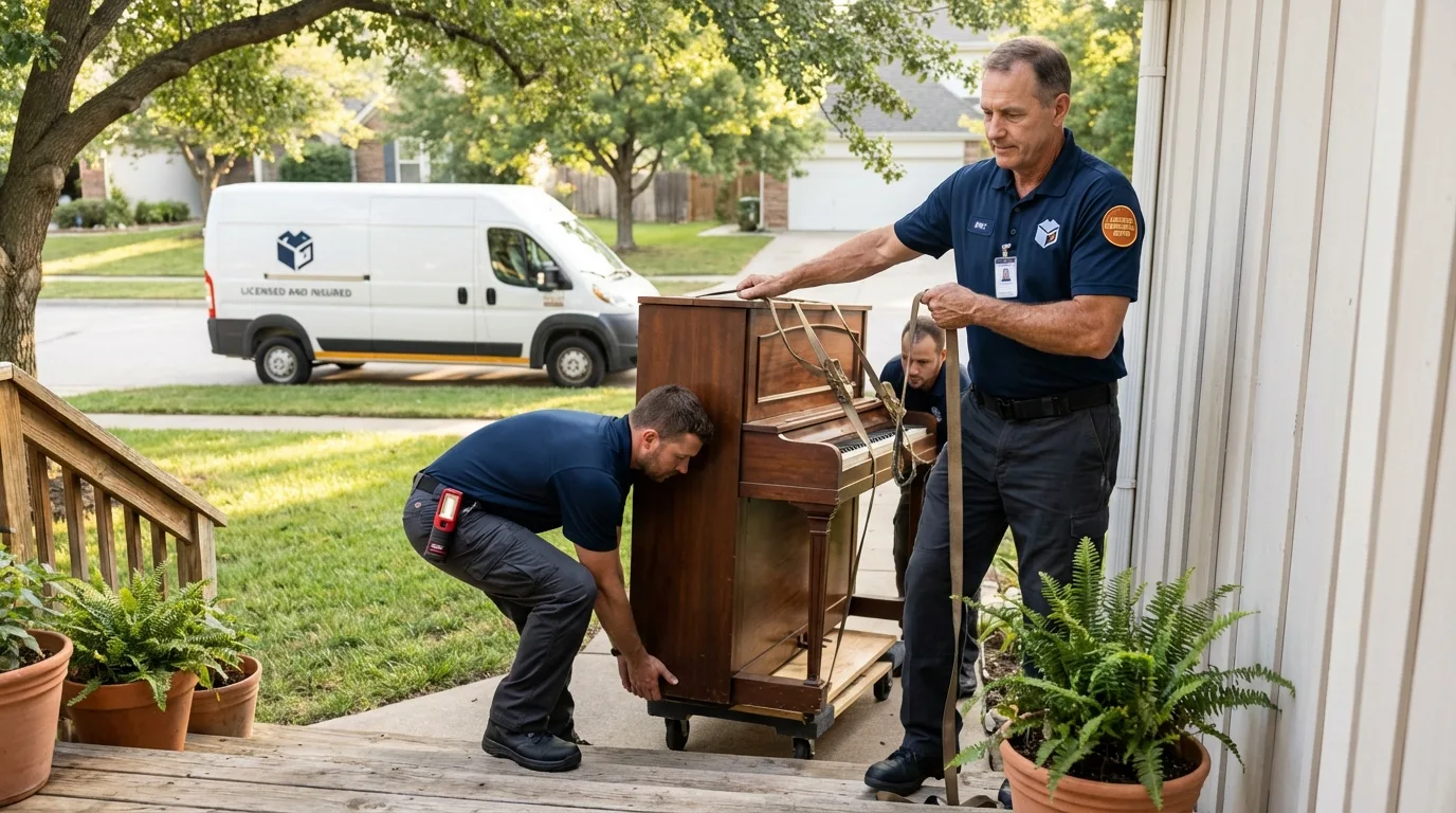 Licensed piano movers securing grand piano in Ponca, NE