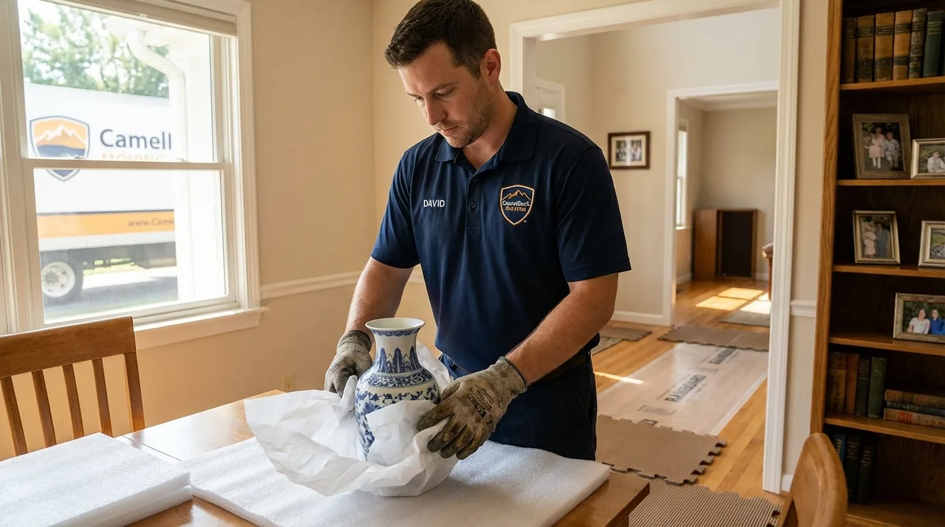 Professional crew carefully wrapping antique vase for senior downsizing move in Ponca, NE